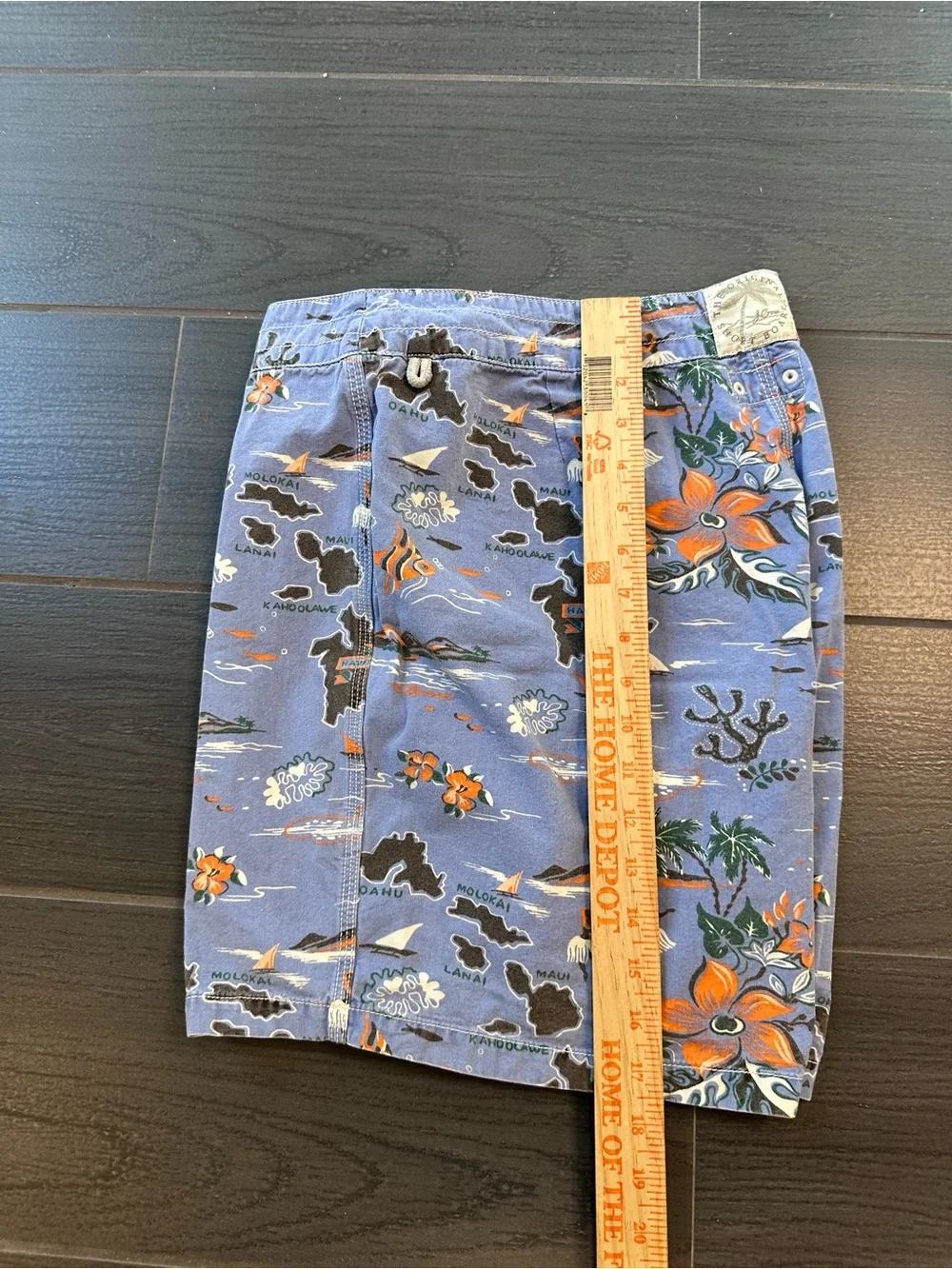 J. Crew Blue Hawaiian Map Print Swim Trunks with Orange Floral Accents
